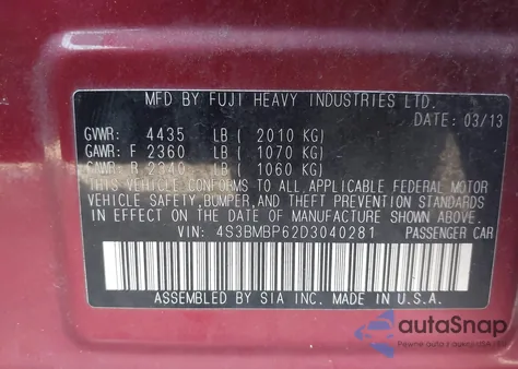 2013 Subaru Legacy 2.5I Limited z USA, uszkodzony, nr VIN 4S3BMBP62D3040281